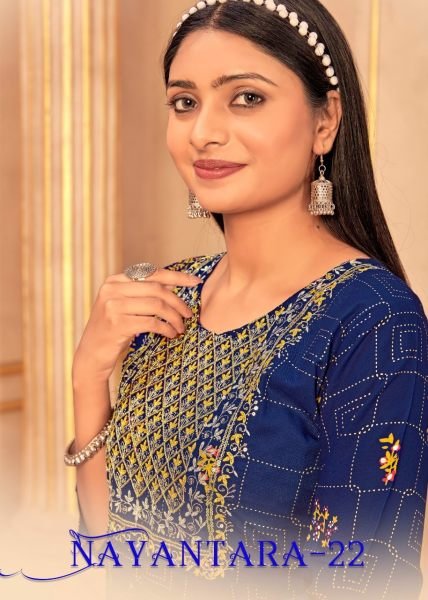 Heavy Reyon Multi Gold Print Embroidery work with Foil Print Flair Gown Embroidery Kurtis 