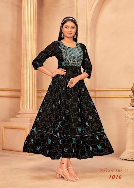 Heavy Reyon Multi Gold Print Embroidery work with Foil Print Flair Gown Embroidery Kurtis 