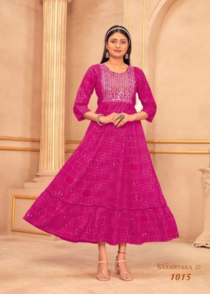 Heavy Reyon Multi Gold Print Embroidery work with Foil Print Flair Gown Embroidery Kurtis 
