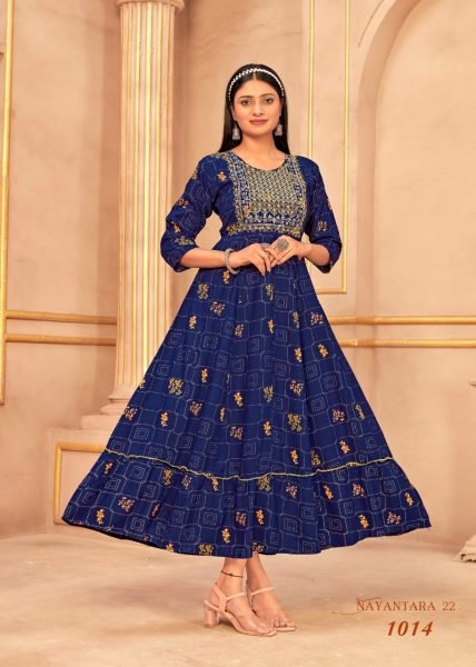 Heavy Reyon Multi Gold Print Embroidery work with Foil Print Flair Gown Embroidery Kurtis 