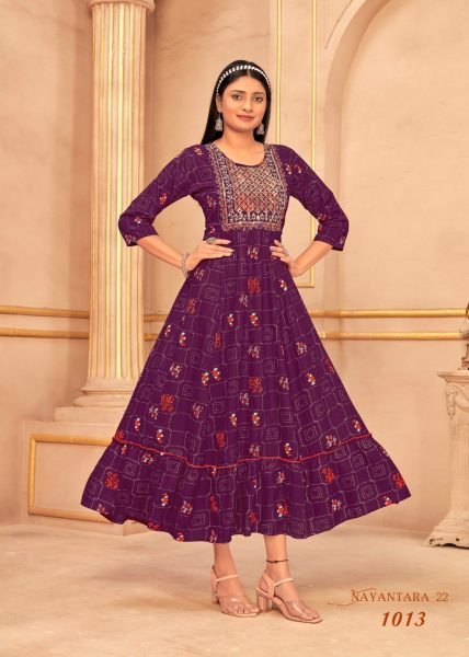 Heavy Reyon Multi Gold Print Embroidery work with Foil Print Flair Gown Embroidery Kurtis 