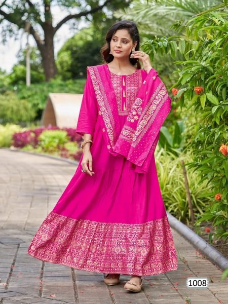 Heavy Reyon With Foil Print Anarkali  Gown With Duppta Anarkali Kurtis 