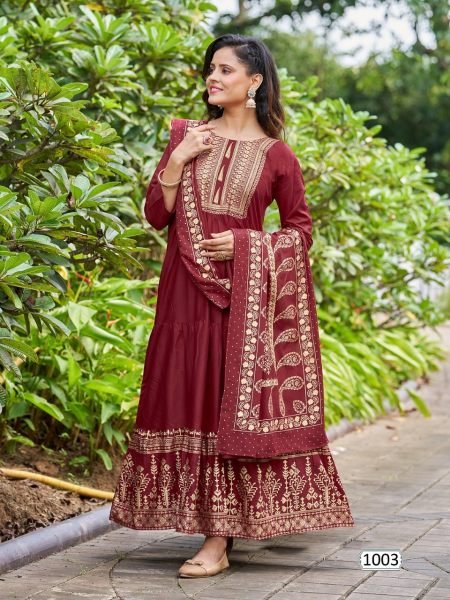 Heavy Reyon With Foil Print Anarkali  Gown With Duppta Anarkali Kurtis 