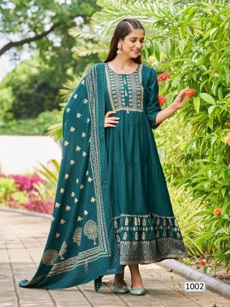 Heavy Reyon With Foil Print Anarkali  Gown With Duppta Anarkali Kurtis 