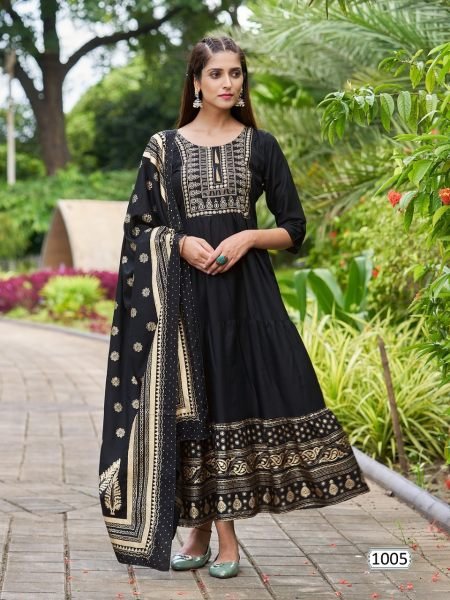 Heavy Reyon With Foil Print Anarkali  Gown With Duppta Anarkali Kurtis 