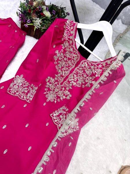Heavy Roman Silk Embroidery Suit with Palazzo and Butterfly Net Dupatta Party Perfect Ready To Wear Collection