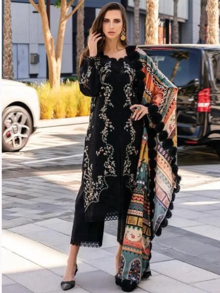 Heavy Self Embroidery Cotton Suit with Printed Dupatta 