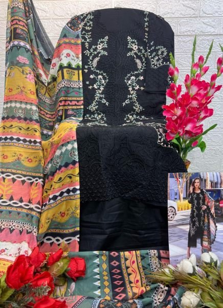 Heavy Self Embroidery Cotton Suit with Printed Dupatta Pakistani Suits Wholesale