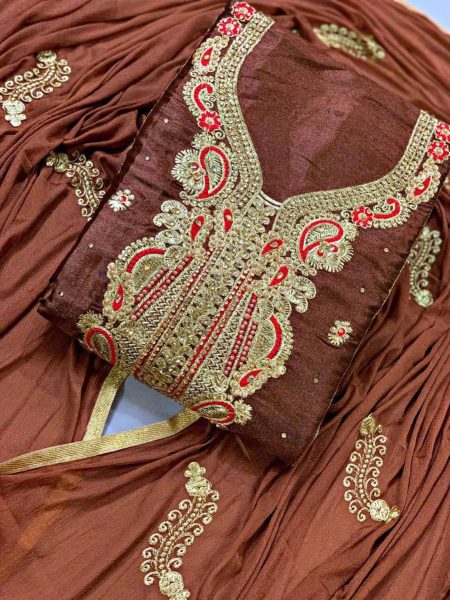 Heavy Simran Satin Dress Material With Embroidery Work 