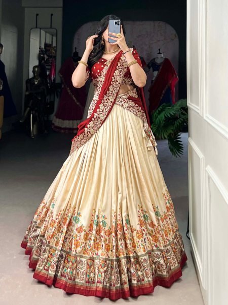 Heavy Tussar Silk Lehenga Choli With Foil Print And Embroidered Vichitra Silk Dupatta Elegant Designer Lehenga Set for Best Offer 