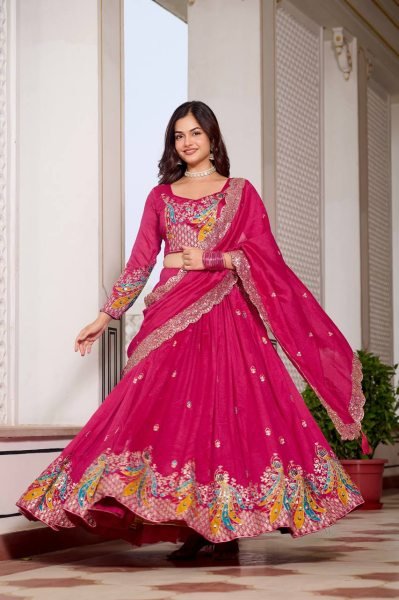 Heavy Vichitra Lehenga with Peacock Embroidery Bridal Party Wear Look Designer Lehenga Choli