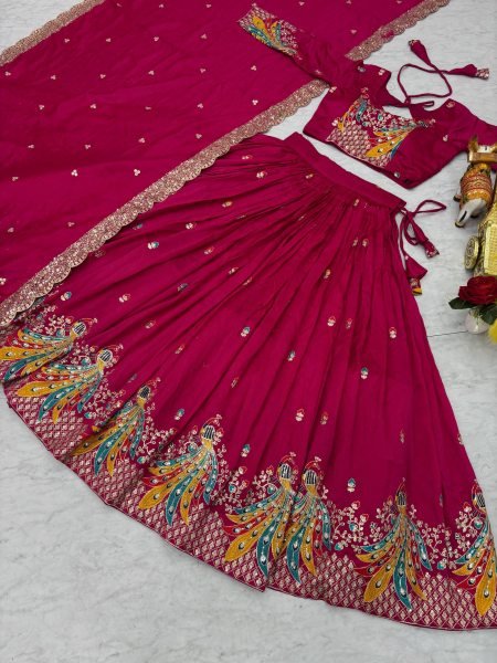 Heavy Vichitra Lehenga with Peacock Embroidery Bridal Party Wear Look Designer Lehenga Choli