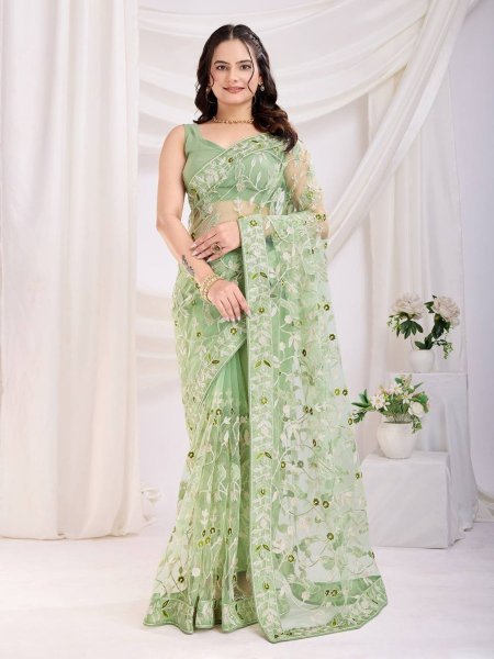 Heavy Work Net Saree with Chikankari Embroidery & Contrast Pallu Wedding Season Net Sarees Wholesale