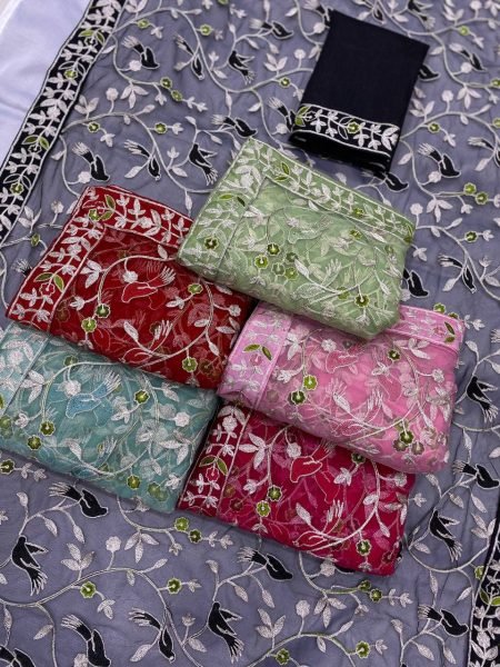 Heavy Work Net Saree with Chikankari Embroidery & Contrast Pallu Wedding Season Net Sarees Wholesale