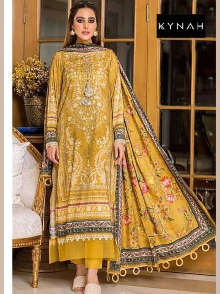 Heavy Yellow Color Embroidered With Cotton Printed  Pakistani Suit Pakistani Suits Wholesale