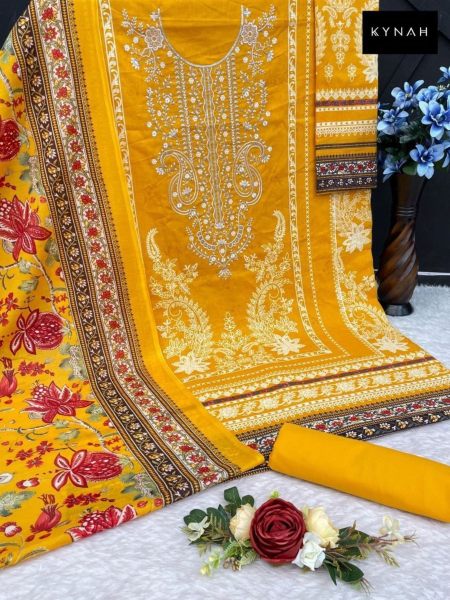 Heavy Yellow Color Embroidered With Cotton Printed  Pakistani Suit Pakistani Suits Wholesale