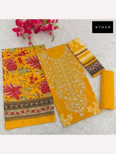 Heavy Yellow Color Embroidered With Cotton Printed  Pakistani Suit Pakistani Suits Wholesale