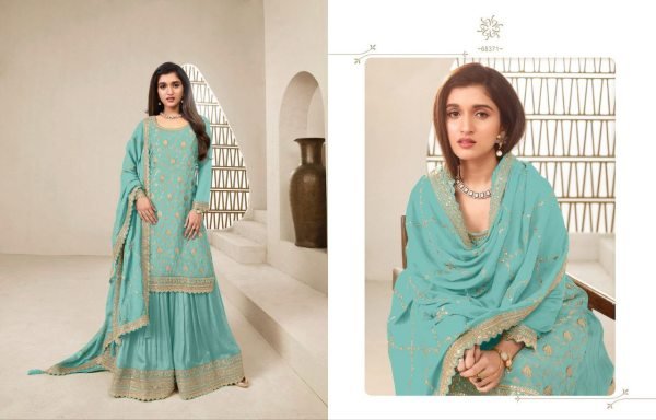 Heavywear Suit for Weddings Icy Blue Jacquard Palazzo Set with Royal Finish Designer Plazzo Salwar Suits Wholesale
