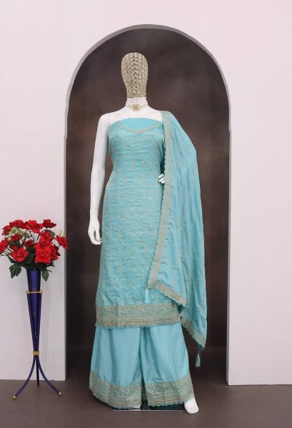 Heavywear Suit for Weddings Icy Blue Jacquard Palazzo Set with Royal Finish Designer Plazzo Salwar Suits Wholesale
