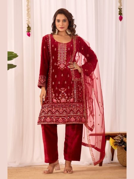 Heirloom Red  fully stitched velvet Kurti Set with Stylish Pant   Sequence Work Dupatta for functional wear  Salwar Kameez