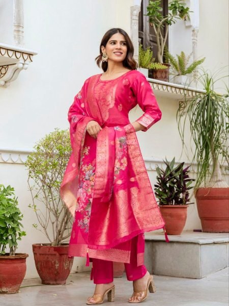 Hot Pink Chanderi Cotton Kurta Set with Printed Dupatta and Viscose Bottom Elegant Party Outfit 