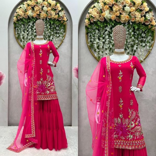 Hot Pink Color Faux Georgette Sharara Suit With Sequence Work  Ready To Wear Collection