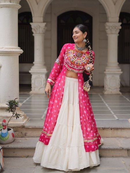 Hot Pink Cotton Kurti with Kutchi Mirror Work Lehenga Traditional Navratri Set for Garba Nights