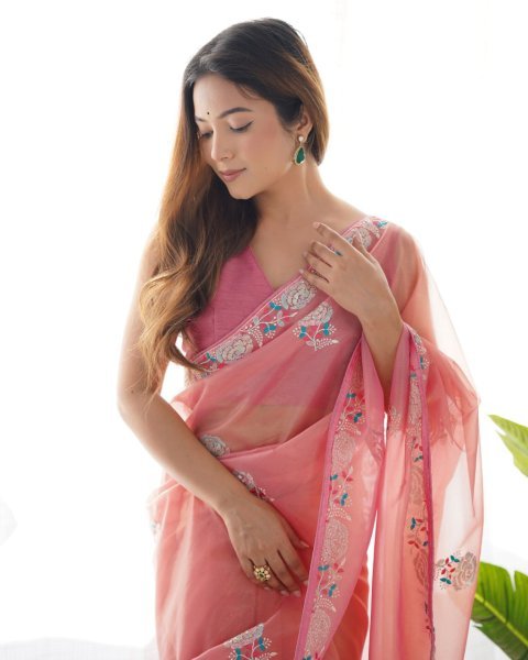 Hot Pink Embroidered Net Saree with Gold Twill   Blouse Party Wear Collection at Best Online Wholesale Price Embroidery Sarees Wholesale