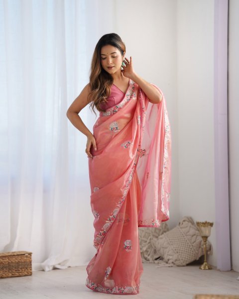 Hot Pink Embroidered Net Saree with Gold Twill   Blouse Party Wear Collection at Best Online Wholesale Price Embroidery Sarees Wholesale