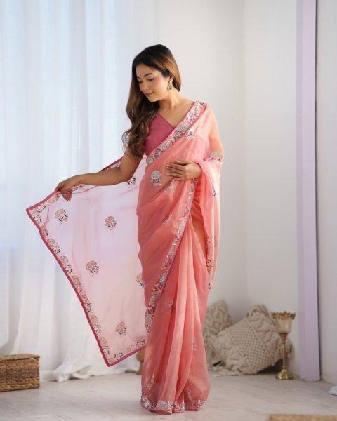 Hot Pink Embroidered Net Saree with Gold Twill   Blouse Party Wear Collection at Best Online Wholesale Price Embroidery Sarees Wholesale