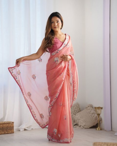 Hot Pink Embroidered Net Saree with Gold Twill   Blouse Party Wear Collection at Best Online Wholesale Price Embroidery Sarees Wholesale
