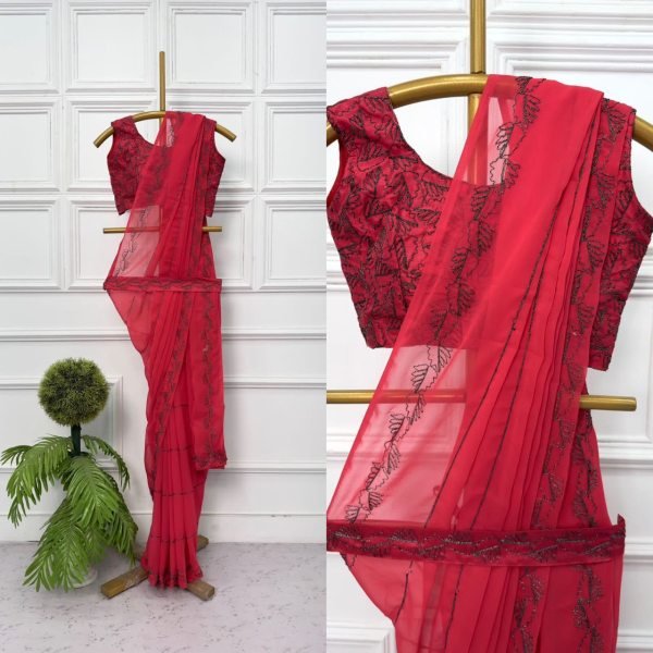 Hot Pink Georgette Saree With Dori Embroidery Work  Georgette Sarees Wholesale