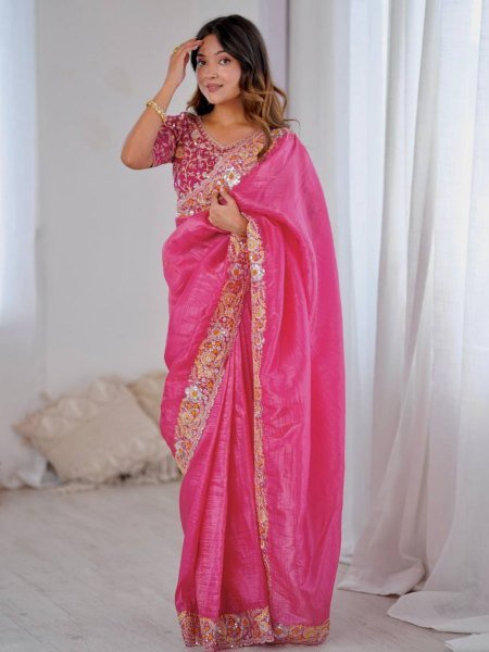 Hot Pink Gold Crush Saree with Heavy Sequin Embroidery Wedding Perfect Look Sarees 