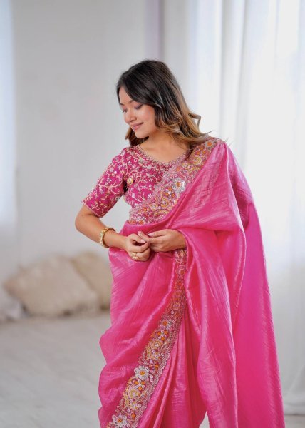 Hot Pink Gold Crush Saree with Heavy Sequin Embroidery Wedding Perfect Look Embroidery Sarees Wholesale