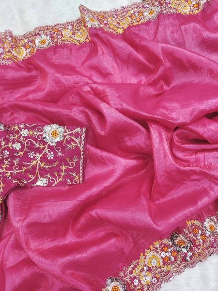 Hot Pink Gold Crush Saree with Heavy Sequin Embroidery Wedding Perfect Look Embroidery Sarees Wholesale