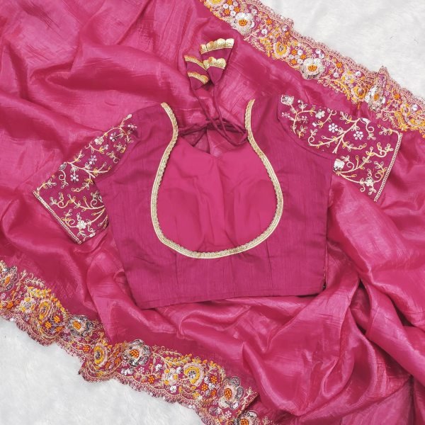 Hot Pink Gold Crush Saree with Heavy Sequin Embroidery Wedding Perfect Look Embroidery Sarees Wholesale