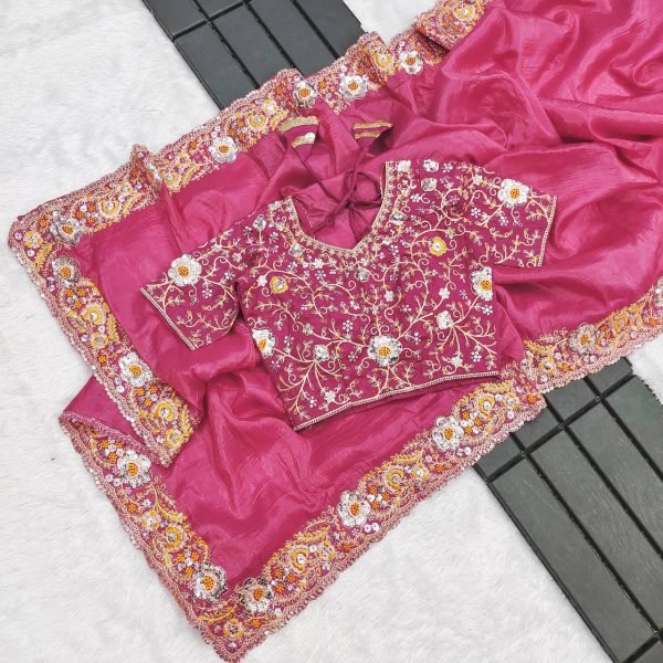 Hot Pink Gold Crush Saree with Heavy Sequin Embroidery Wedding Perfect Look Embroidery Sarees Wholesale