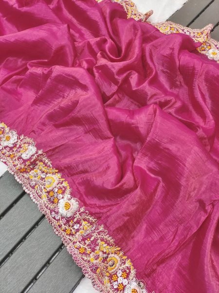 Hot Pink Gold Crush Saree with Heavy Sequin Embroidery Wedding Perfect Look Embroidery Sarees Wholesale
