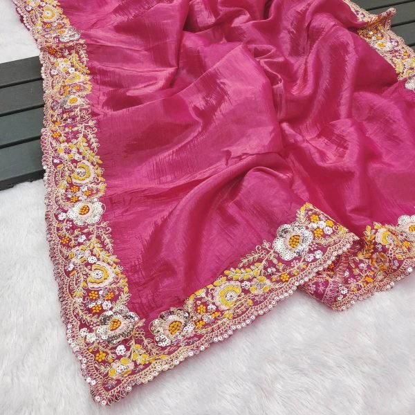 Hot Pink Gold Crush Saree with Heavy Sequin Embroidery Wedding Perfect Look Embroidery Sarees Wholesale
