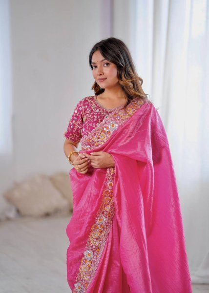 Hot Pink Gold Crush Saree with Heavy Sequin Embroidery Wedding Perfect Look Embroidery Sarees Wholesale