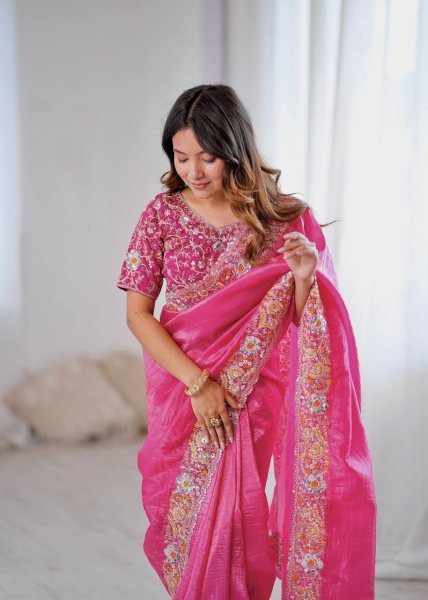 Hot Pink Gold Crush Saree with Heavy Sequin Embroidery Wedding Perfect Look Embroidery Sarees Wholesale