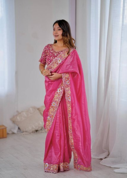 Hot Pink Gold Crush Saree with Heavy Sequin Embroidery Wedding Perfect Look Embroidery Sarees Wholesale
