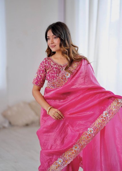 Hot Pink Gold Crush Saree with Heavy Sequin Embroidery Wedding Perfect Look Embroidery Sarees Wholesale