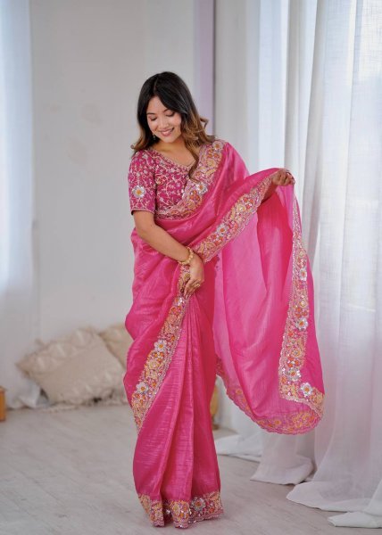 Hot Pink Gold Crush Saree with Heavy Sequin Embroidery Wedding Perfect Look Embroidery Sarees Wholesale