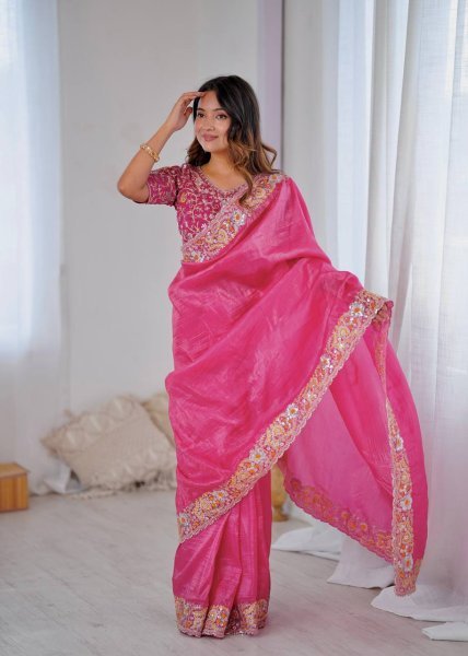 Hot Pink Gold Crush Saree with Heavy Sequin Embroidery Wedding Perfect Look Embroidery Sarees Wholesale