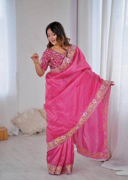 Hot Pink Gold Crush Saree with Heavy Sequin Embroidery Wedding Perfect Look Embroidery Sarees Wholesale