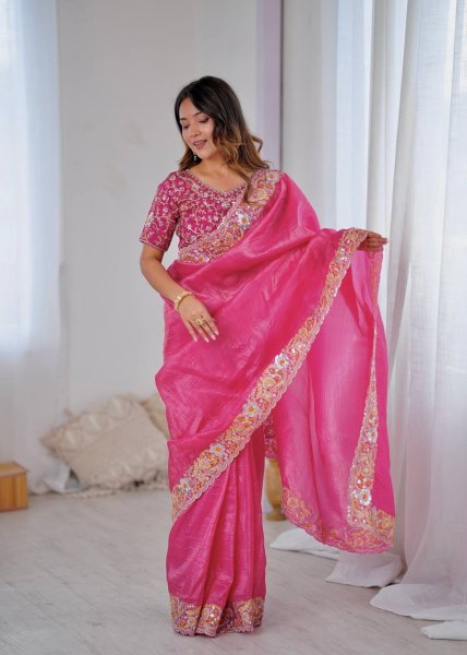 Hot Pink Gold Crush Saree with Heavy Sequin Embroidery Wedding Perfect Look Embroidery Sarees Wholesale