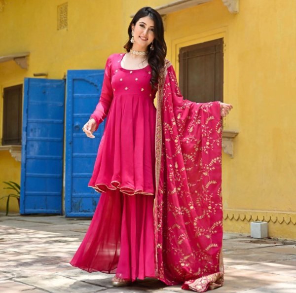 Hot Pink Heavy Faux Georgette Plazzo Set  Ready To Wear Collection