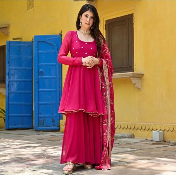 Hot Pink Heavy Faux Georgette Plazzo Set  Ready To Wear Collection