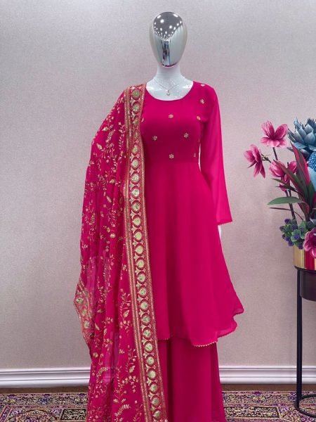 Hot Pink Heavy Faux Georgette Plazzo Set  Ready To Wear Collection